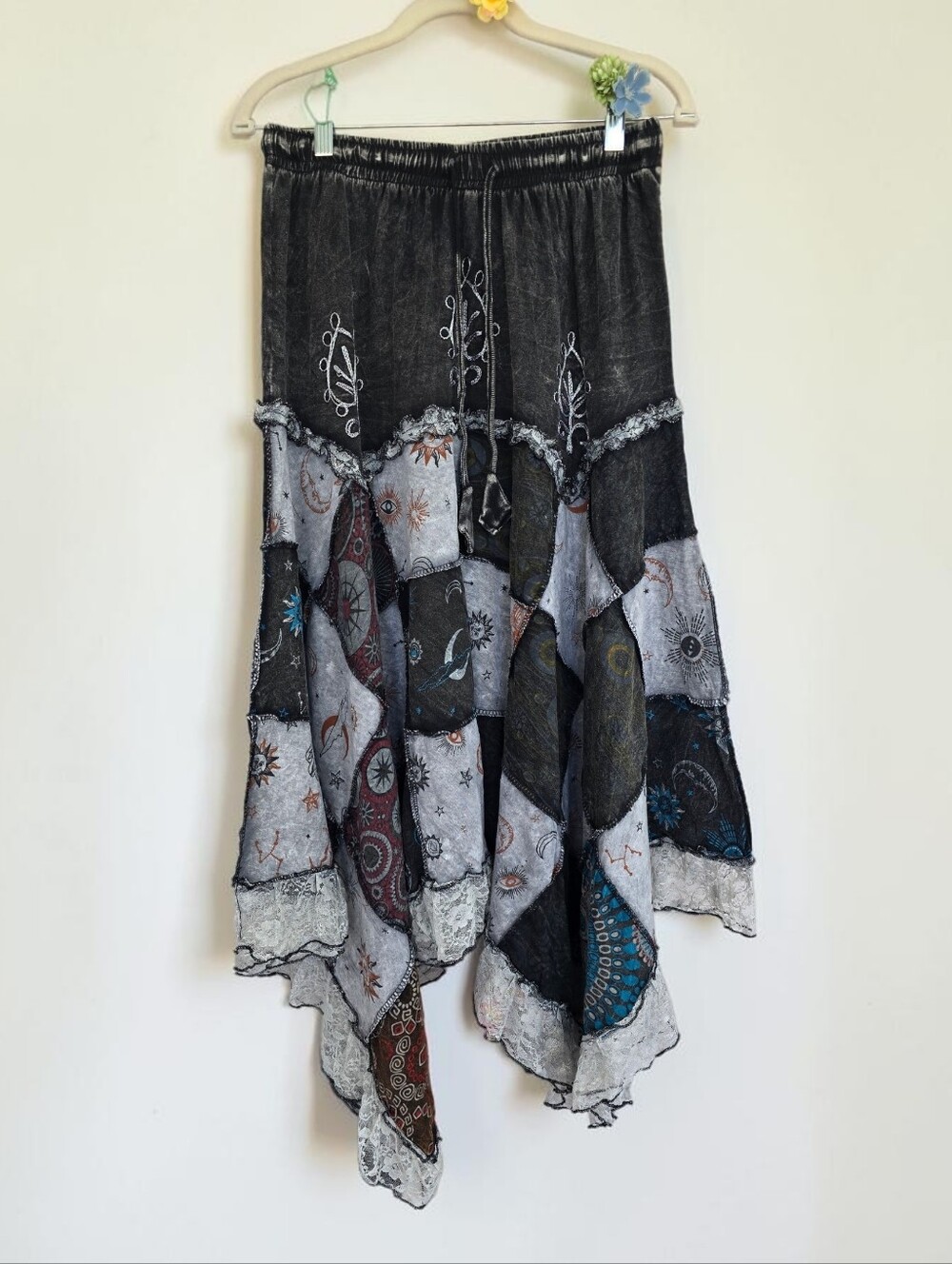 POL 100% Cotton Embroidered Patchwork  Handkerchief Hem Lace Trim Maxi Skirt